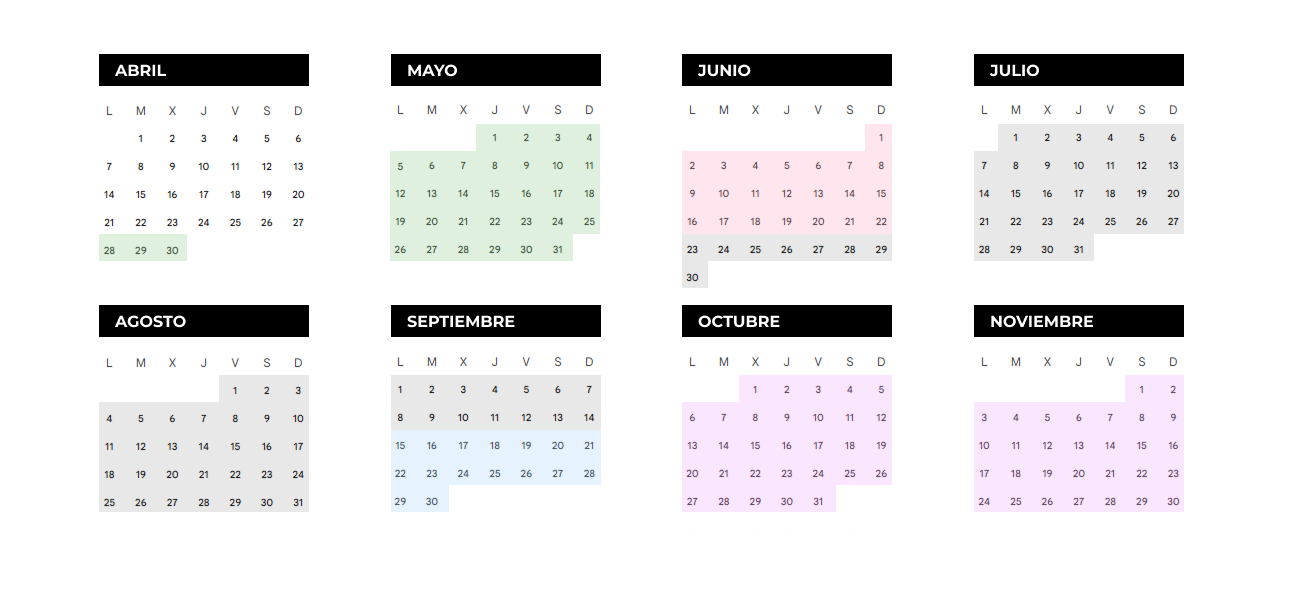 Calendario con semanas coloreadas según las cuatro fases