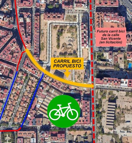 En amarillo el carril bici propuesto 